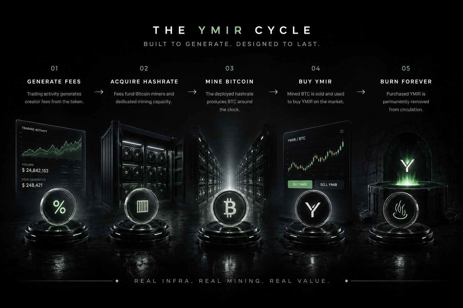 The YMIR cycle: trading generates creator fees, fees acquire Bitcoin mining hashrate, the hashrate mines Bitcoin, mined Bitcoin buys YMIR on the market, and purchased YMIR is permanently burned.