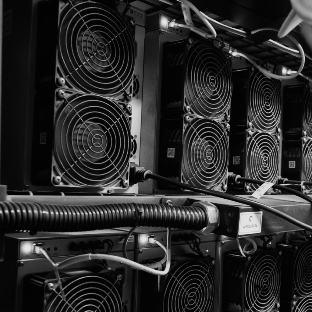 Racked mining machines with cooling fans